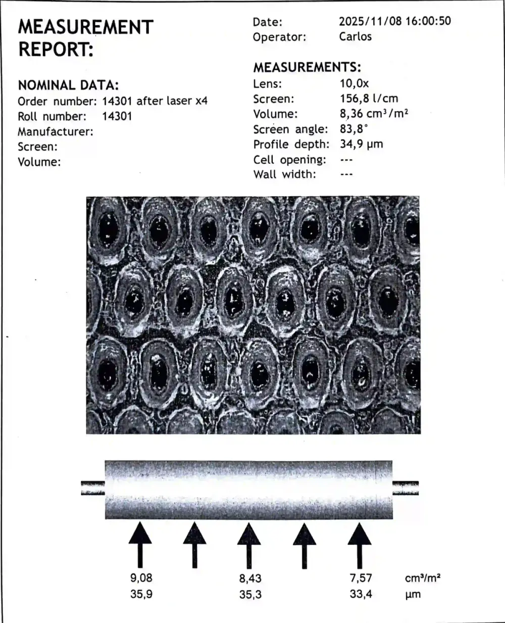 Measurement report showing anilox cell volume and profile depth after laser cleaning