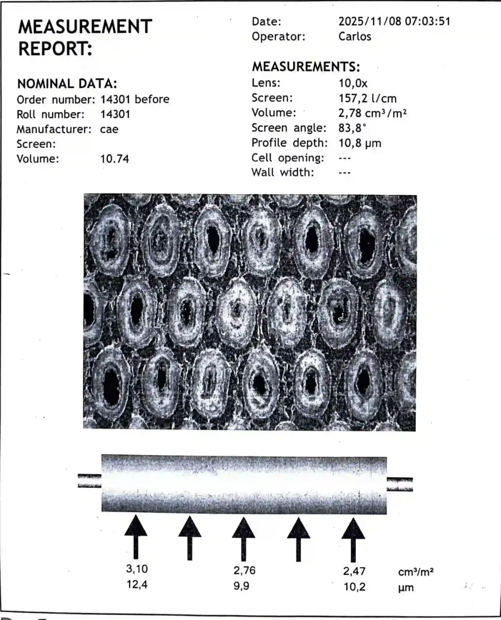 Measurement report showing anilox cell volume and profile depth before laser cleaning