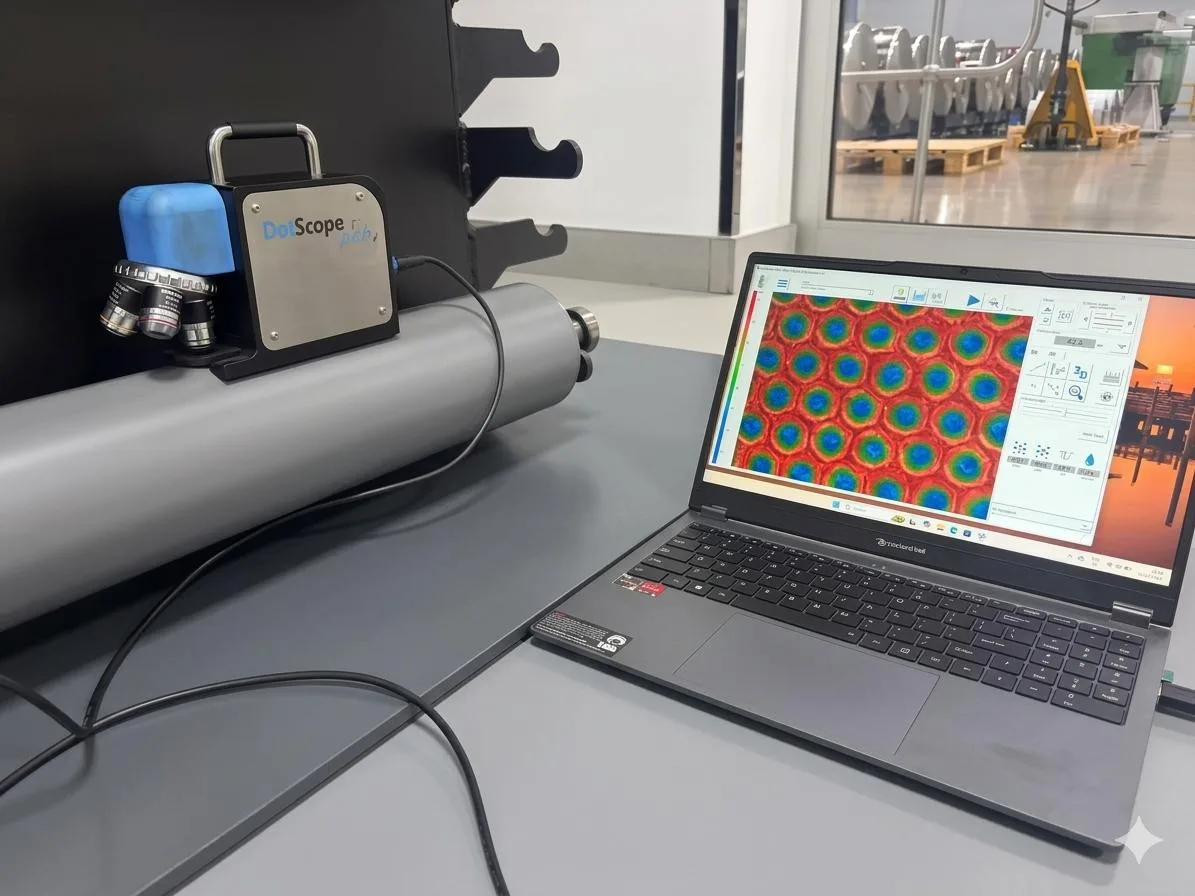 Portable anilox inspection kit and laptop set up on site next to a roller