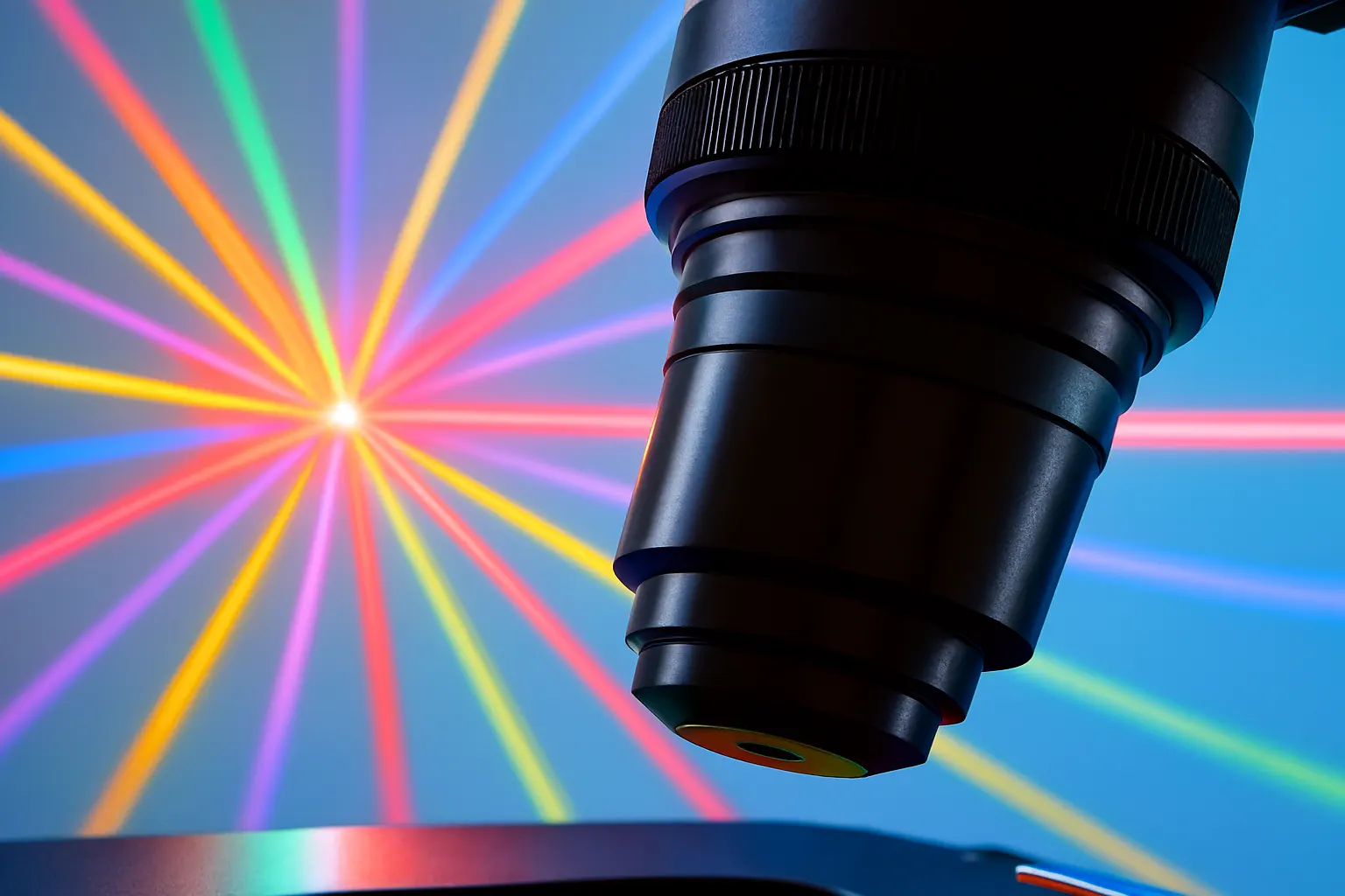 Close-up of a laser cleaning microscope objective with coloured laser light